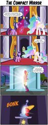 Size: 979x2560 | Tagged: safe, artist:nano23823, princess celestia, sunset shimmer, twilight sparkle, pony, equestria girls, comic, magic mirror