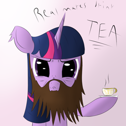 Size: 1024x1024 | Tagged: safe, artist:chaikeon, derpibooru import, twilight sparkle, pony, beard, female, manly, mare, tea