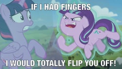 Size: 800x450 | Tagged: safe, screencap, starlight glimmer, twilight sparkle, twilight sparkle (alicorn), alicorn, pony, the cutie re-mark, female, glowing horn, image macro, implied middle finger, levitation, magic, mare, meme, self-levitation, telekinesis