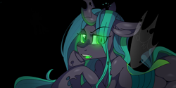 Size: 3786x1890 | Tagged: safe, artist:drducksauce, queen chrysalis, changeling, changeling queen, black background, fangs, female, glowing eyes, simple background, solo, transparent wings, wings