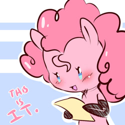 Size: 500x500 | Tagged: safe, artist:cold-blooded-twilight, pinkie pie, earth pony, pony, blushing, dialogue, explicit source, kinkie pie, latex, solo, tumblr