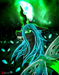 Size: 1200x1533 | Tagged: safe, artist:catkitte, queen chrysalis, changeling, changeling queen, grin, moon, solo focus