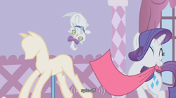 Size: 640x355 | Tagged: safe, screencap, opalescence, rarity, pony, unicorn, spinoff, youtube caption