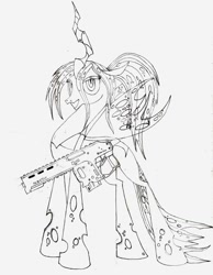 Size: 995x1280 | Tagged: safe, artist:dudarev, queen chrysalis, changeling, changeling queen, female, gun, monochrome, rifle, smiling, solo, traditional art, weapon