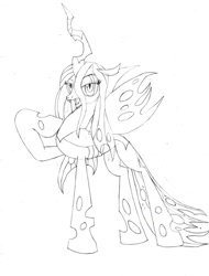 Size: 974x1280 | Tagged: safe, artist:dudarev, queen chrysalis, changeling, changeling queen, monochrome, raised hoof, solo, traditional art