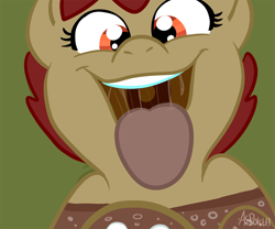 Size: 700x583 | Tagged: safe, artist:chubbyjam, oc, oc only, oc:coke pony, food pony, original species, comic, fetish, kitchen eyes, mentos, mentos and diet coke, offscreen character, pov, single panel, solo, tongue out, uvula, vore