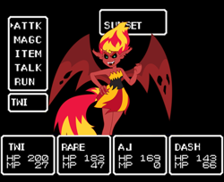 Size: 700x570 | Tagged: safe, artist:drpain, applejack, rainbow dash, rarity, sunset satan, sunset shimmer, twilight sparkle, equestria girls, boss battle, master system, phantasy star, sega, sega master system