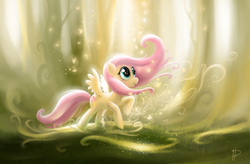 Size: 1920x1261 | Tagged: safe, artist:rom-art, fluttershy, butterfly, pegasus, pony, light, pretty, solo, windswept mane