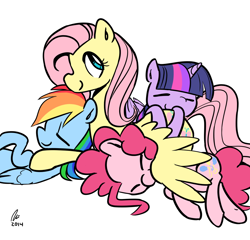 Size: 1280x1229 | Tagged: safe, artist:rwl, derpibooru import, fluttershy, pinkie pie, rainbow dash, twilight sparkle, twilight sparkle (alicorn), alicorn, earth pony, pegasus, pony, butt pillow, butthug, cuddle puddle, cuddling, female, mare, pony pile, snuggling