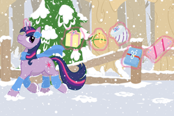 Size: 2400x1600 | Tagged: safe, artist:geomancing, derpibooru import, twilight sparkle, clothes, earmuffs, leg warmers, present, scarf, snow, snowfall, solo