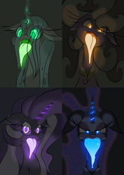 Size: 1447x2045 | Tagged: safe, artist:theobrobine, mane-iac, nightmare moon, nightmare rarity, queen chrysalis, changeling, changeling queen, drool, glow, glowing tongue, long tongue, open mouth, tongue out