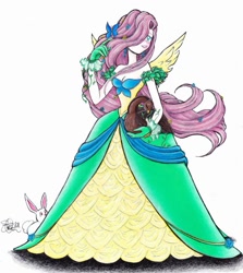 Size: 615x689 | Tagged: safe, artist:stephaniechateau, fluttershy, cleavage, clothes, dress, female, gala dress, humanized