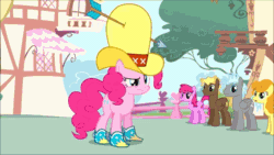 Size: 576x324 | Tagged: safe, screencap, berry punch, berryshine, carrot top, cheese sandwich, cherry berry, compass star, cosmic (character), cotton cloudy, golden harvest, pinkie pie, star hunter, twilight sky, earth pony, mouse, pony, pinkie pride, :p, :t, animated, arrow, eyes closed, faic, floppy ears, frown, gif, glare, hat, musical instrument, raised eyebrow, reverse vore, silly face, smiling, tongue out, tuba, vore