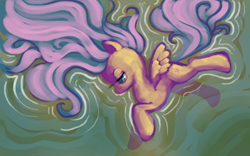 Size: 1280x800 | Tagged: safe, artist:karnella, fluttershy, pegasus, pony, female, lidded eyes, looking away, mare, on side, profile, solo, spread out hair, spread wings, water, wings