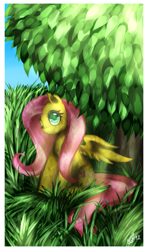Size: 799x1353 | Tagged: safe, artist:schizoideh, fluttershy, pegasus, pony, female, grass, looking at you, mare, one eye closed, outdoors, sitting, solo, spread wings, three quarter view, under the tree, wings