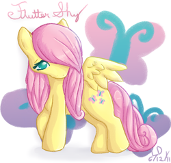 Size: 1050x1000 | Tagged: safe, artist:lottiedottie, fluttershy, pegasus, pony, cutie mark background, female, hair over one eye, head turn, looking at you, mare, name, no pupils, solo, spread wings, standing, wings