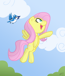 Size: 1200x1400 | Tagged: safe, artist:scritchy, fluttershy, bird, pegasus, pony, cloud, female, flying, looking at something, looking away, mare, open mouth, outdoors, pointing, reaching, sky, smiling, solo, spread wings, wings