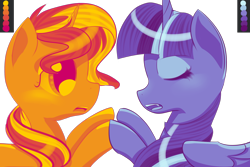 Size: 3000x2000 | Tagged: safe, artist:catopia26, sunset shimmer, twilight sparkle, twilight sparkle (alicorn), alicorn, pony, unicorn, female, limited palette, mare