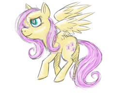 Size: 818x632 | Tagged: safe, artist:25dragonflies, fluttershy, pegasus, pony, female, looking away, mare, simple background, smiling, solo, spread wings, standing, stray strand, white background, wings