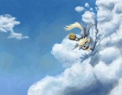 Size: 2100x1627 | Tagged: safe, artist:tidensbarn, derpy hooves, pegasus, pony, bag, cloud, cloudy, female, flying, mare, sky, smiling, solo