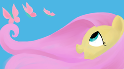 Size: 1600x900 | Tagged: safe, fluttershy, butterfly, pegasus, pony, bust, female, looking at something, looking up, mare, open mouth, profile, simple background, smiling, solo, wallpaper