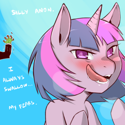 Size: 500x500 | Tagged: safe, artist:cold-blooded-twilight, twilight sparkle, oc, oc:anon, human, biting, blushing, cold blooded twilight, food, hand, nom, quesadilla, revenge