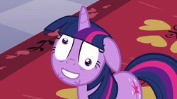 Size: 1280x720 | Tagged: safe, derpibooru import, edit, edited screencap, screencap, twilight sparkle, the crystal empire, caption, derp, inverted mouth, smiling, solo