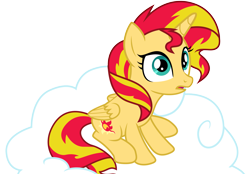 Size: 4321x3000 | Tagged: safe, artist:theshadowstone, sunset shimmer, alicorn, pony, alicornified, cloud, cutie mark, female, hooves, horn, mare, on a cloud, open mouth, race swap, shimmercorn, simple background, sitting on cloud, solo, transparent background, vector, wings