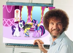 Size: 425x309 | Tagged: artist needed, safe, derpibooru import, rarity, spike, twilight sparkle, dragon, pony, unicorn, bob ross, photo