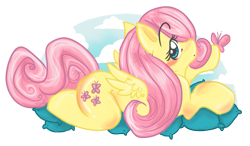 Size: 849x496 | Tagged: safe, artist:nerdshark, fluttershy, butterfly, pegasus, pony, anatomically incorrect, blushing, female, incorrect leg anatomy, looking at you, mare, pillow, profile, prone, solo, wings