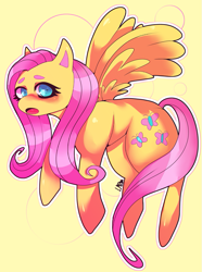 Size: 675x905 | Tagged: safe, artist:gullacass, fluttershy, pegasus, pony, abstract background, blushing, female, looking at you, mare, open mouth, outline, solo, spread wings, three quarter view, wings