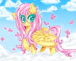 Size: 1175x939 | Tagged: safe, artist:glowbunny, fluttershy, butterfly, pegasus, pony, blushing, cloud, ear fluff, eye clipping through hair, female, looking at you, mare, on a cloud, raised hoof, sky, smiling, solo, spread wings, standing, wings