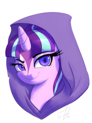 Size: 400x533 | Tagged: safe, artist:raikoh, starlight glimmer, pony, unicorn, bust, cloak, clothes, fanfic art, fanfic cover, female, mare, portrait, simple background, smiling, solo, white background