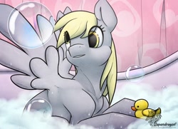 Size: 900x653 | Tagged: safe, artist:japandragon, derpy hooves, pegasus, pony, bath, female, mare, rubber duck, solo