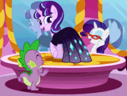 Size: 656x495 | Tagged: safe, screencap, rarity, spike, starlight glimmer, dragon, pony, unicorn, the cutie re-mark, animated, clapping, clothes, cute, dress, gala dress, glasses, glimmerbetes, looking at you, loop, underhoof