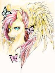 Size: 600x797 | Tagged: dead source, safe, artist:whitespiritwolf, fluttershy, butterfly, pegasus, pony, bust, solo, traditional art