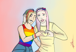 Size: 3120x2150 | Tagged: safe, artist:angelpony99, derpibooru import, fluttershy, rainbow dash, human, bisexual, bisexual pride flag, duo, female, flutterdash, gay pride flag, humanized, lesbian, love, pride, shipping