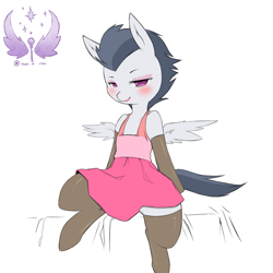 Size: 1280x1280 | Tagged: safe, artist:cold-blooded-twilight, rumble, clothes, colt, crossdressing, dress, eyelashes, eyeliner, makeup, male, solo, spread legs, spread wings, stockings, trap