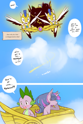 Size: 1280x1920 | Tagged: safe, artist:cold-blooded-twilight, spike, twilight sparkle, dragon, pegasus, pony, comic:cold storm, chariot, cloud, cloudy, comic, dialogue, royal guard