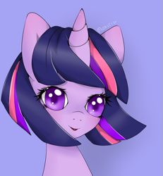 Size: 725x783 | Tagged: safe, artist:maxiria, derpibooru import, twilight sparkle, pony, unicorn, blue background, blushing, bust, colored pupils, female, looking at you, mare, open mouth, portrait, signature, simple background, solo, windswept mane