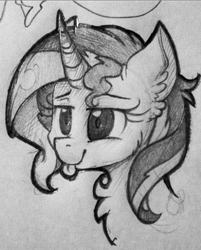 Size: 602x748 | Tagged: safe, artist:shyshyoctavia, sunset shimmer, pony, unicorn, monochrome, pencil drawing, solo, tongue out, traditional art