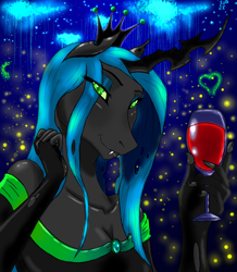 Size: 4100x4700 | Tagged: safe, artist:monado-boi-69, queen chrysalis, anthro, changeling, changeling queen, absurd resolution, alcohol, clothes, dress, evening gloves, fingerless gloves, glass, gloves, heart, smiling, solo, wine, wine glass