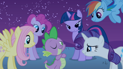 Size: 1054x592 | Tagged: safe, derpibooru import, screencap, fluttershy, pinkie pie, rainbow dash, rarity, spike, twilight sparkle, dragon, earth pony, pegasus, pony, unicorn, owl's well that ends well, mane seven, mane six, out of context, spike gets all the mares, swag