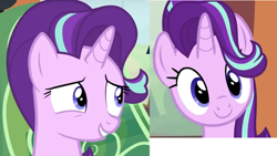 Size: 761x428 | Tagged: safe, screencap, starlight glimmer, pony, unicorn, spoiler:s06, c:, close-up, grin, head tilt, looking at you, smiling, solo