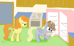 Size: 1440x895 | Tagged: safe, artist:phallen1, carrot top, derpy hooves, golden harvest, pegasus, pony, detective, female, i emptied your fridge, mare