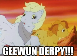 Size: 500x366 | Tagged: safe, edit, edited screencap, screencap, carrot top, derpy hooves, golden harvest, pegasus, pony, g1, my little pony 'n friends, caption, female, mare, photoshop, valentine, valentine's boyfriend, wat