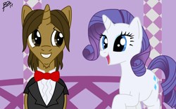 Size: 960x600 | Tagged: safe, artist:sdych, rarity, oc, oc:dream catcher, pony, unicorn, clothes, tuxedo