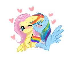 Size: 849x733 | Tagged: safe, artist:lunnitavaldez, derpibooru import, fluttershy, rainbow dash, pegasus, pony, blushing, eyes closed, female, floppy ears, flutterdash, gay pride flag, heart, lesbian, lgbt, mare, my little brony risovach, one eye closed, pride, pride flag, shipping, simple background, smiling, white background, wink