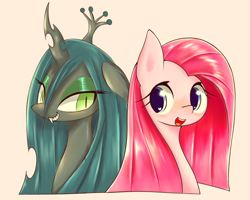 Size: 1000x800 | Tagged: safe, artist:91o42, pinkie pie, queen chrysalis, changeling, changeling queen, earth pony, pony, beige background, blushing, bust, cute, cutealis, cuteamena, duo, duo female, female, looking at each other, mare, open mouth, pinkamena diane pie, portrait, simple background, smiling