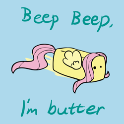Size: 1000x1000 | Tagged: safe, artist:zedrin, fluttershy, pegasus, pony, beep beep, blue background, butter, fattershy, flutterbutter, literal buttershy, pun, simple background, solo